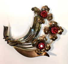 Harry Iskin Art Nouveau Red Rhinestone Flower Brooch Pin 1/20 10k Gold Filled - £31.96 GBP