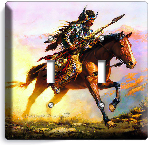 NATIVE AMERICAN INDIAN CHIEF WARRIOR ON A HORSE DOUBLE LIGHT SWITCH PLATES DECOR