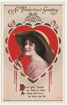 Vintage Postcard Valentine Pretty Woman in Picture Hat 1920&#39;s Unused - £7.90 GBP