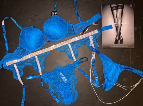 Victoria's Secret 32A,32B,32C BOMBSHELL BRA SET+GARTER NEON BLUE SHINE STRAP