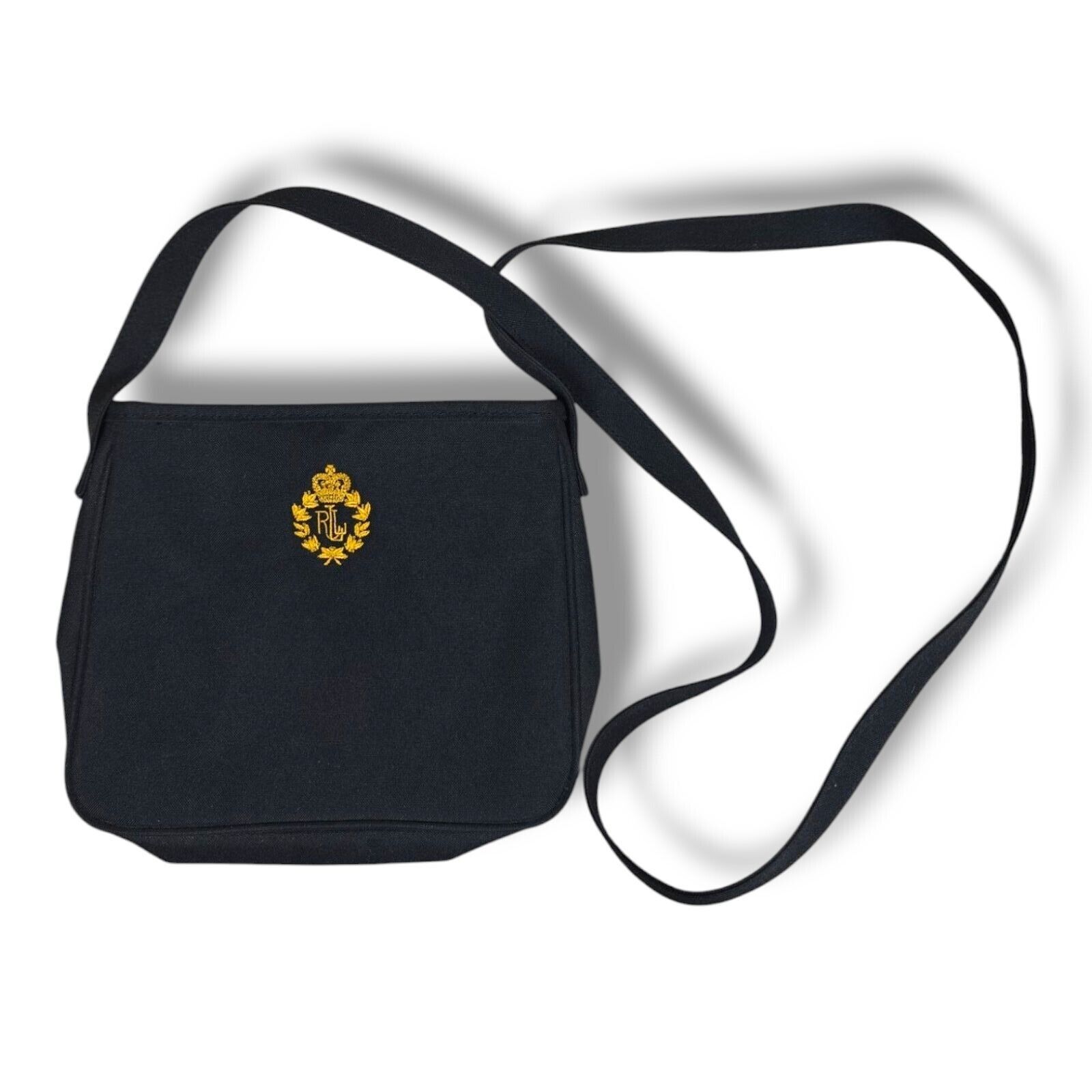 Vintage Ralph Lauren Black Canvas Crossbody Bag Gold Embroidered Logo Crest - $25.95