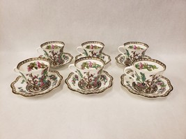 Coalport Indian Tree Multicolor Scalloped Edge Flat Cup and Saucer Set of 6 - $138.59