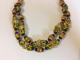 Yellow Leopard Necklace Vintage Beaded Gold Metal Rhinestone 2 Strand Un... - £44.20 GBP