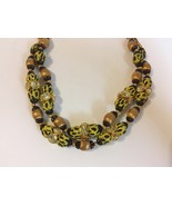 Yellow Leopard Necklace Vintage Beaded Gold Metal Rhinestone 2 Strand Un... - £43.95 GBP