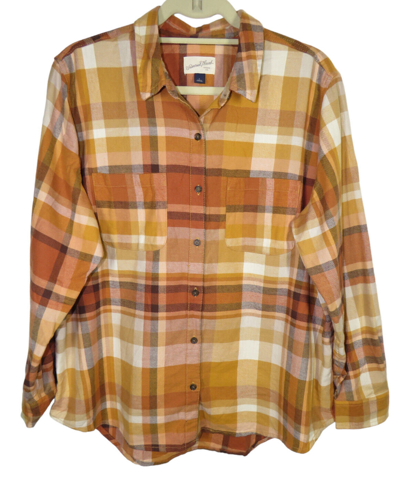 Primary image for Universal Thread Women's Long Sleeve Mustard Plaid Cotton Flannel Shirt Size L