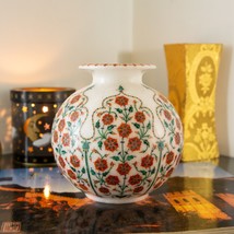 12&quot; White Marble Flower Inlay Coral Fine Inlay Flowers Pot - £4,823.06 GBP