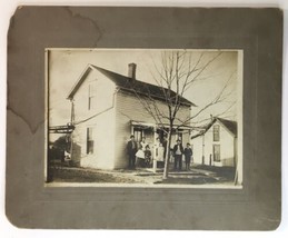 Antique Photo on Board of Family Standing in Front of Their House Home Pre 1920 - £15.99 GBP
