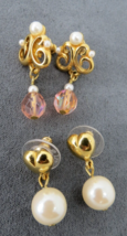 Lot 2 Earrings Pierced Dangle Gold Tone Pink Crystals Valentine&#39;s Day Faux Pearl - $9.89