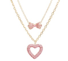 Pink Rhinestone Heart Bow Pendant Gold Plated Layered Necklace Valentine Day 16&quot; - £35.30 GBP