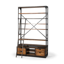94&quot; Brown And Black Metal and Wood Four Tier Library Bookcase With Ladder - $59,965.32 MXN