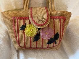 EUC Vintage Straw Tote with Flowers - £22.15 GBP