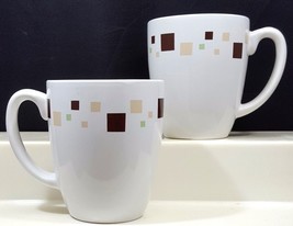 Corelle Geometric Mugs 12 oz Set of 2 White Livingware Brown Beige Green Squares - £20.93 GBP