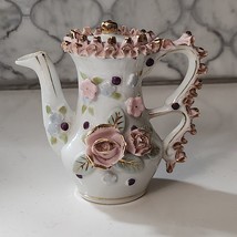 Vintage Pot Vase Raised 3D Flowers with Gold Trim Porcelain Japan YOKO BOEKI MCM - £14.69 GBP