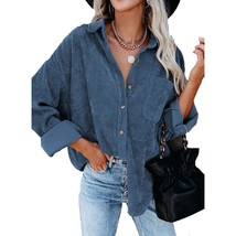 Women Corduroy Long Sleeve Button Down Shirt Oversized Jacket Tops Xl Blue - £31.46 GBP