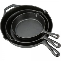 Cast Iron Skillet Set 3 Piece Durable Preseasoned Frying Pan Camping Cookware - £38.79 GBP