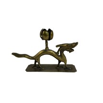 Antique Brass Dragon Figure With Lotus Flower Candlestick Holder China - $93.49