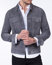 Mens Gray Leather Trucker Jacket Pure Suede Custom Made Size S M L XL 2XL 3XL - £166.13 GBP