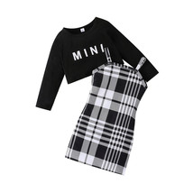 2pcs Plaid Pattern Sundress &amp; Crop Sweatshirt Set Kids Clothes For Spring Autumn - £6.73 GBP