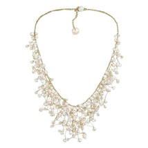Waterfall of White Pearl &amp; Crystal on Gold Silk Thread Necklace - £41.87 GBP