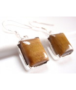 Four-Pronged Tiger Eye Rectangle Earrings 925 Sterling Silver Dangle New - £14.12 GBP