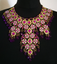 Purple Beaded Collar Bib Rhinestone Necklace Indian Jewelry Women Vintage Used - £106.78 GBP