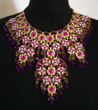 Purple Beaded Collar Bib Rhinestone Necklace Indian Jewelry Women Vintage Used - £101.89 GBP