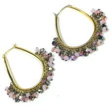 Shaker Dangle Oval Hoop Earrings Gold Over Sterling Silver Pink Crystals  - £28.77 GBP