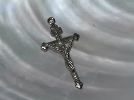 Vintage Carved Thin SIlvertone Religious Cross Crucifix INRI Pendant – 1 and 3/8 - £6.07 GBP