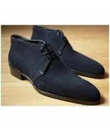 Men&#39;s Navy Blue Derby Plain Rounded Toe Suede Leather Matching Black Sol... - $205.14 CAD+