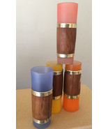 (4) Vintage MCM Wood Brass Tone Wrap Siesta Ware Cocktail Bar Frosted Gl... - $46.32 CAD