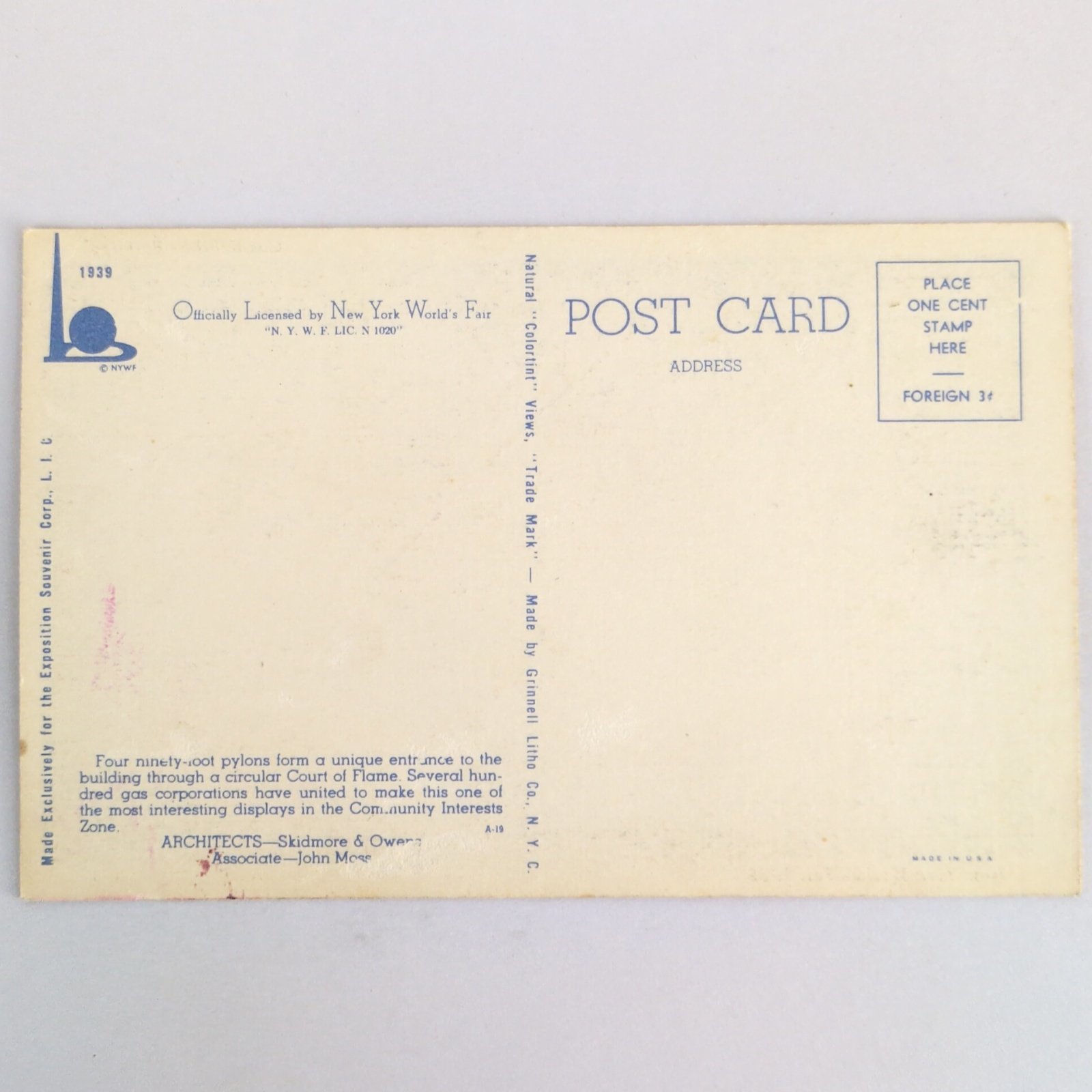 1939 New York World's Fair Postcard Gas Exhibits Building Court of Flame Item image 2