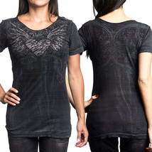 Sinful Heart Of Glass Angel Wings Heavy Rhinestones Womens Scoop T-Shirt Black M - £31.74 GBP