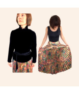 Metallic Pleated Gown Velvet Gold Asian Print Formal Vintage Maxi XS 60s... - $73.00