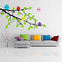 ( 24'' x 16'') Vinyl Wall Colorful Decal Tree Branch with leaves and Five Cute B - £18.61 GBP
