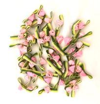 Miniature Satin Ribbon Roses 1/4&quot; Pack of 50 Pink with Two Tone Green Leaf Craft - £5.08 GBP