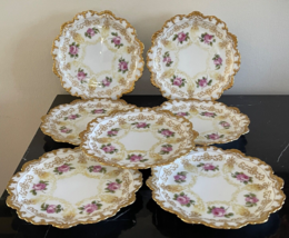 Antique Limoges T&amp;V France Set of 7 Roses &amp; Heavy Gold Decoration 7 1/4&quot; Plates - £394.77 GBP