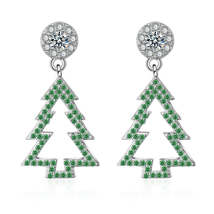Green Cubic Zirconia &amp; Silver-Plated Christmas Tree Drop Earrings - £12.63 GBP