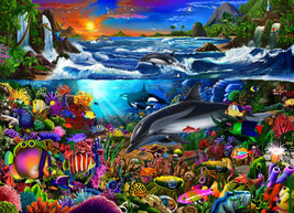 FRAMED CANVAS ART PRINT tropical fish undersea sunset reef dolphins seascape - £31.72 GBP+