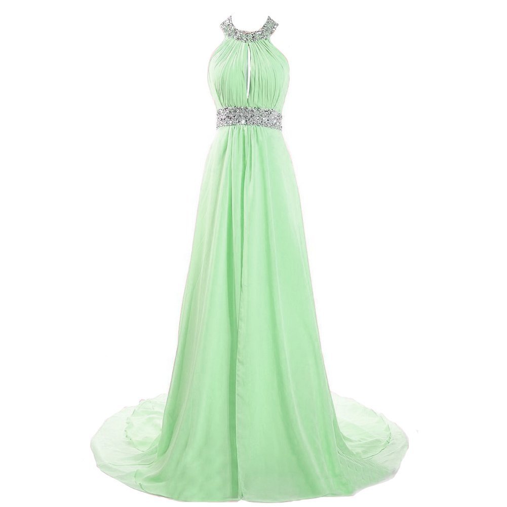 Kivary Women's Halter Beaded A Line 2 Layers Chiffon Front Slit Prom Evening Par