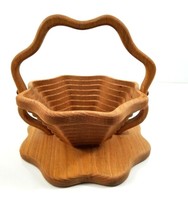 Folding Collapsible Spiral Wooden Basket Trivet Fruit Nut Bowl Hand Crafted 11&quot; - £13.36 GBP