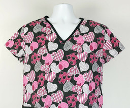 Red Pink Grey Hearts Scrub Shirt Womens Large Cotton Blend - $19.56