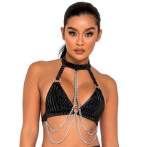 Bikini Crop Top Chains O Ring Halter Collar Triangle Cups Striped Black ... - £30.66 GBP