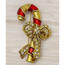 Christmas Candy Cane Brooch Vintage Pin Gold Tone Rhinestones Bow Ribbon - $18.97