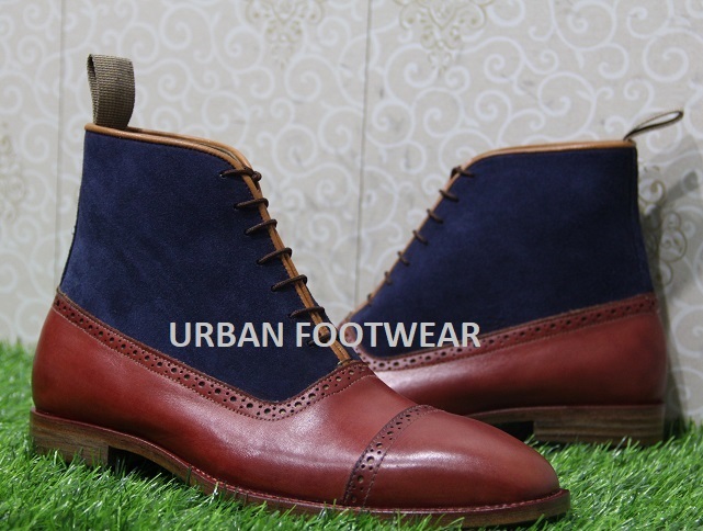 New Handmade Mens Formal Boots, Blue Suede & Burgundy Leather Lace Up Cap Toe