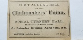 1881 CHAINMAKER&#39;S UNION BALL St Louis Victorian Dance Advertising Epheme... - £8.83 GBP
