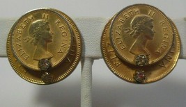 Vintage Signed Kramer Double Coin Clip Earrings Elizabeth II Regina 1957 - £22.74 GBP