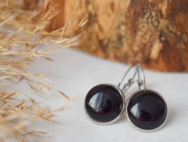 Black agate dangle earrings in stainless steel, 12mm Black gemstone lever back e - £23.69 GBP