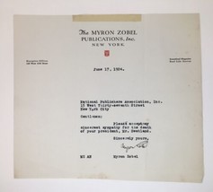 1924 Horace Swetland Condolence Letter Typed Signed The Myron Zobel Publications - £15.71 GBP