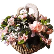 Vtg Handmade Pink Faux Flower Arrangement in Unique 12x11.5&quot; Basket Table Decor  - $37.36