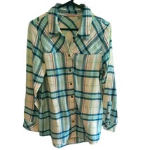 S Soft Surroundings Teal Plaid Long Sleeve Textured Shirt Blouse As Is - £14.61 GBP